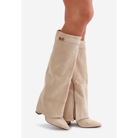 Botas De Mujer De Ante Ecológico Con Parte Superior Vuelta Y Tacón Alto Beige Bralise 1