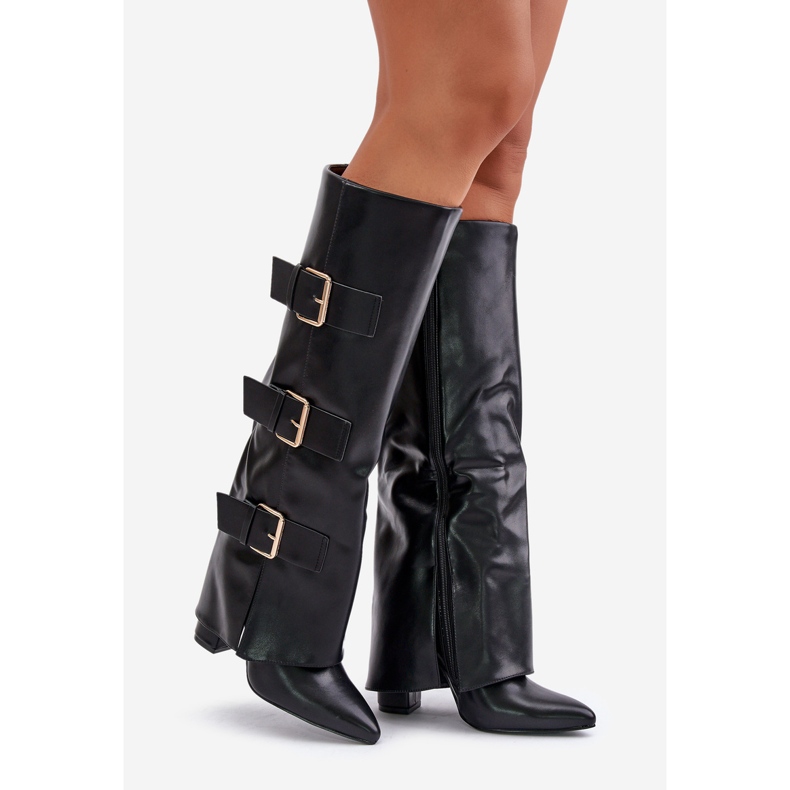 Botas aislantes de tacón alto para mujer con parte superior vuelta y hebillas, Black Pyregonia negro 1