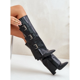 Botas aislantes de tacón alto para mujer con parte superior vuelta y hebillas, Black Pyregonia negro 2