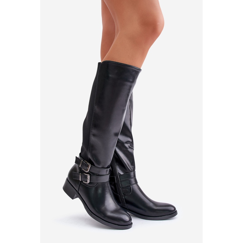 Botas Planas Por Encima De La Rodilla Con Hebillas Para Mujer, Negro Lotina 1