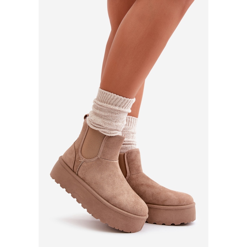 Botas de nieve para mujer con plataforma y inserciones elásticas, beige oscuro Rialine 1 Botas de nieve para mujer con plataforma y inserciones elásticas, beige oscuro Rialine 1