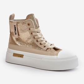 Zapatillas Mujer Plataforma Alta Beige y Dorado Averira 4
