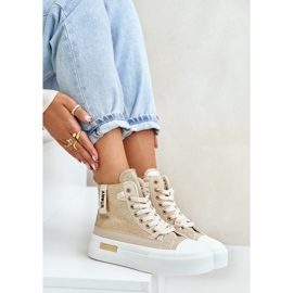 Zapatillas Mujer Plataforma Alta Beige y Dorado Averira 9