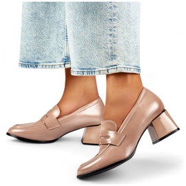 Zapatos beige charol con tacón bajo y cómodo, elegantes zapatos de tacón beige 2