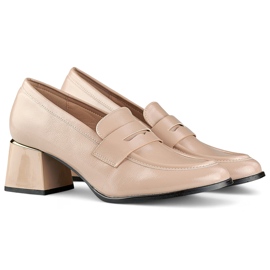 Zapatos beige charol con tacón bajo y cómodo, elegantes zapatos de tacón beige 1