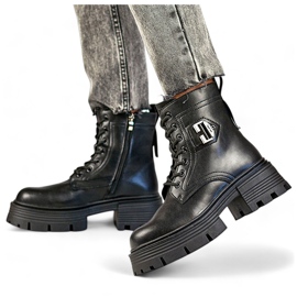 Botines de mujer de piel negra con plataforma, botas aislantes fabricadas en piel natural negro 3