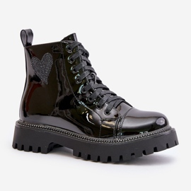 Botines de mujer de charol con cremallera y corazón decorativo negro Obeena 5