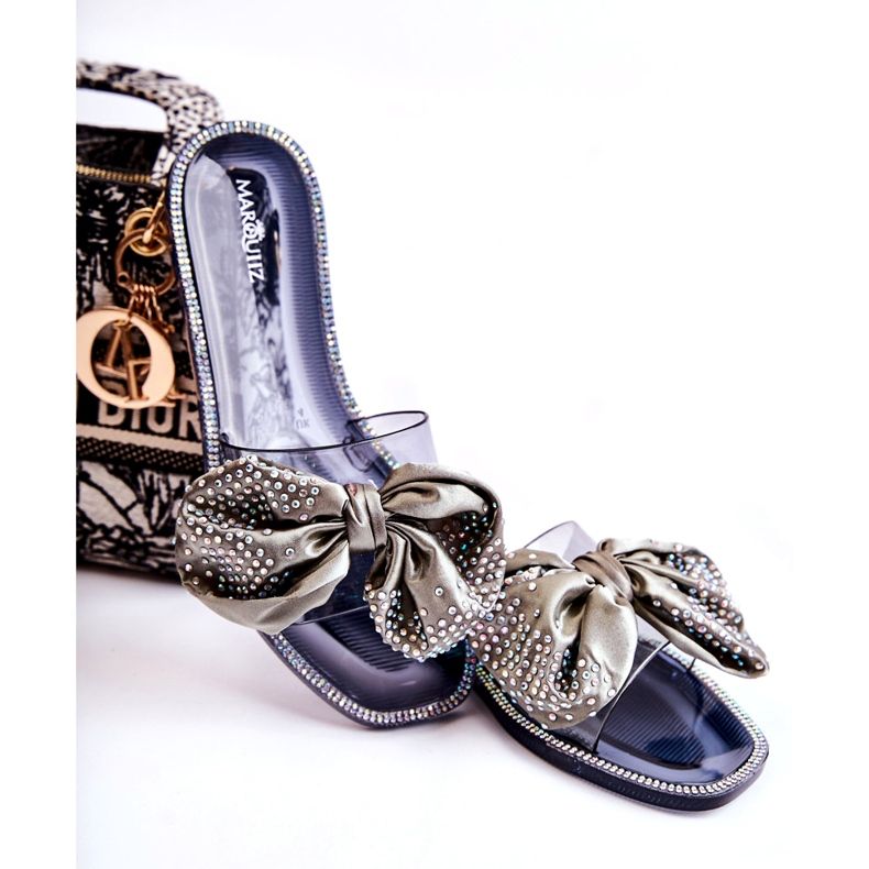 Flip de goma para mujeres con la proa y los circones de gris negro 1 Flip de goma para mujeres con la proa y los circones de gris negro 1