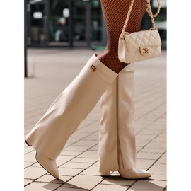 Botas de mujer de piel ecológica con parte superior vuelta y tacón alto beige claro Avamora 5