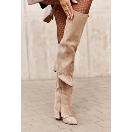 Botas de mujer Kaithena beige con parte superior vuelta y tacón alto 7