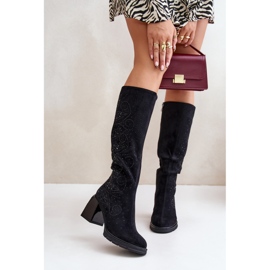 S.Barski Botas calentadas por encima de la rodilla para mujer decoradas con tacón alto MR880-158 negro 8
