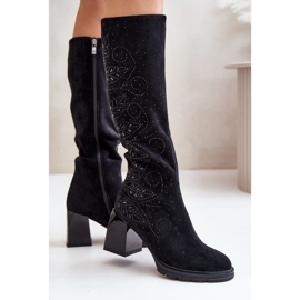 S.Barski Botas calentadas por encima de la rodilla para mujer decoradas con tacón alto MR880-158 negro 10