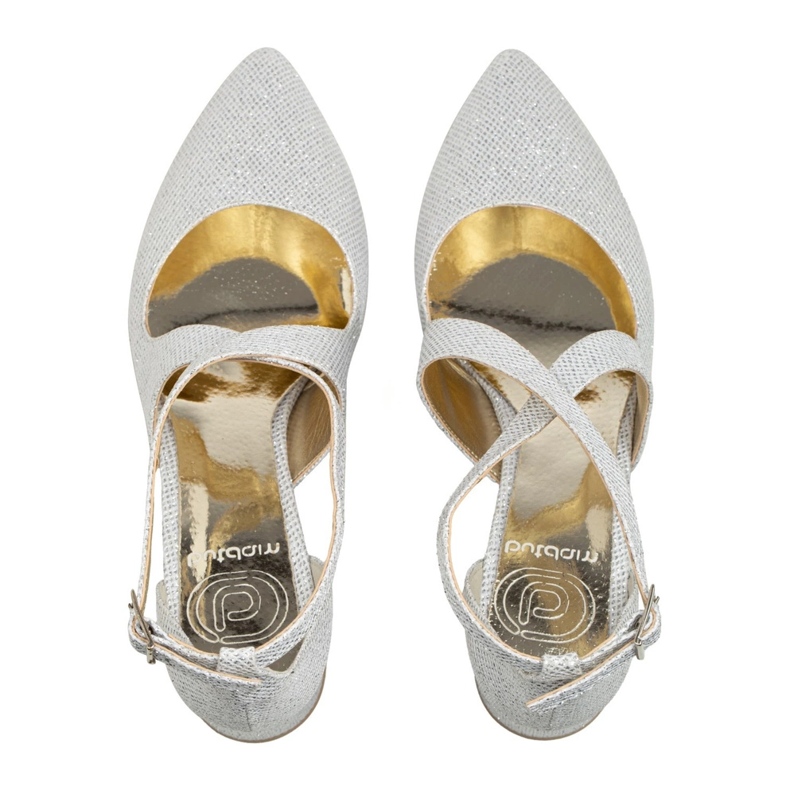 BUTDAM Zapatos de novia de tacón bajo y tiras Alba con purpurina plateada plata 1