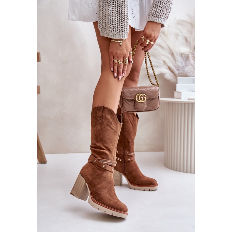 Jezzi Botas Camel Cálidas De Tacón Alto A Media Pierna Para Mujer Ivanelis marrón 2