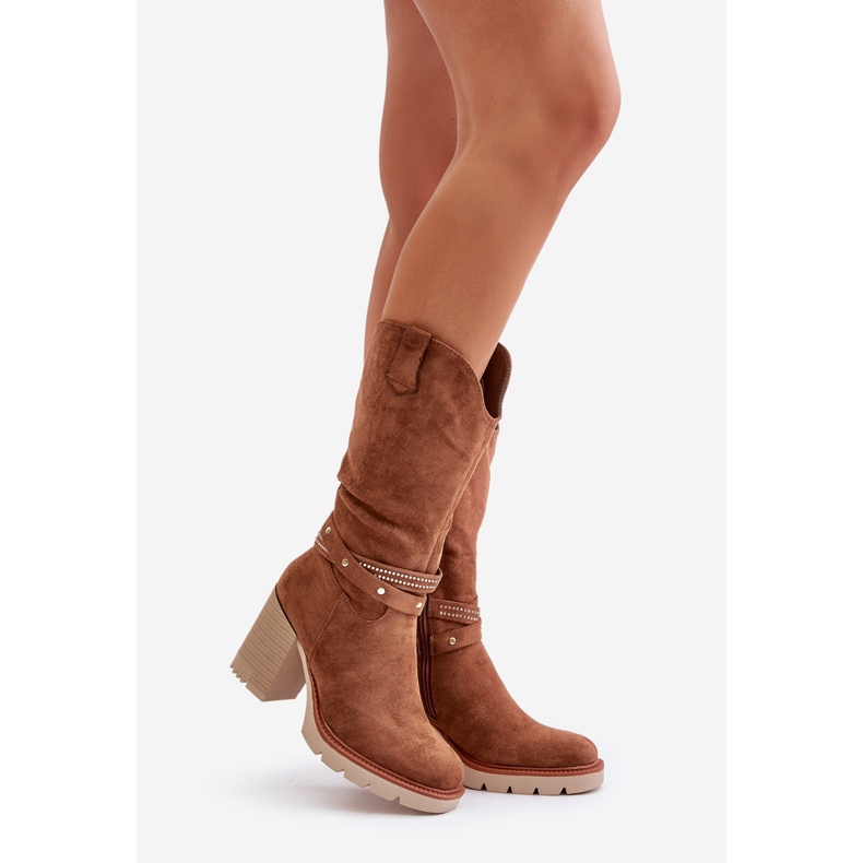 Jezzi Botas Camel Cálidas De Tacón Alto A Media Pierna Para Mujer Ivanelis marrón 1