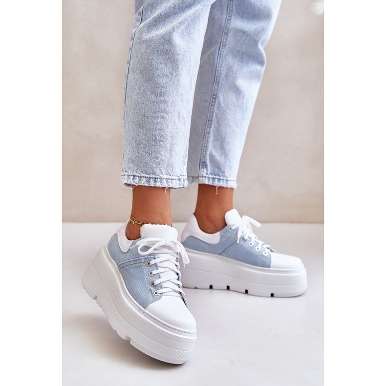 Zapatillas De Cuero Con Plataforma Enorme Jeans Lewski 3586 Blanco azul 2