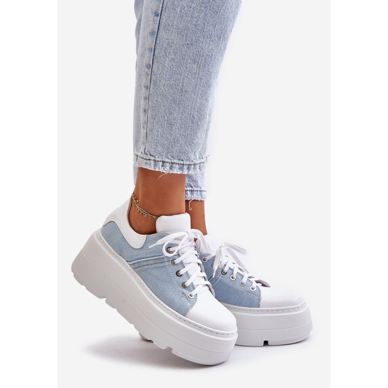 Zapatillas De Cuero Con Plataforma Enorme Jeans Lewski 3586 Blanco azul 1