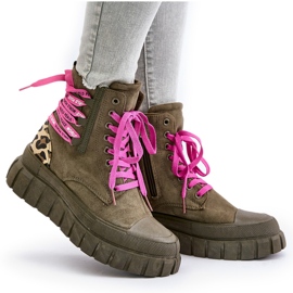 Botas De Mujer Con Plataforma Y Cordones Decorativos, Leopardo Verde Edidda 12