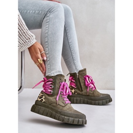 Botas De Mujer Con Plataforma Y Cordones Decorativos, Leopardo Verde Edidda 11