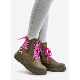 Botas De Mujer Con Plataforma Y Cordones Decorativos, Leopardo Verde Edidda 1