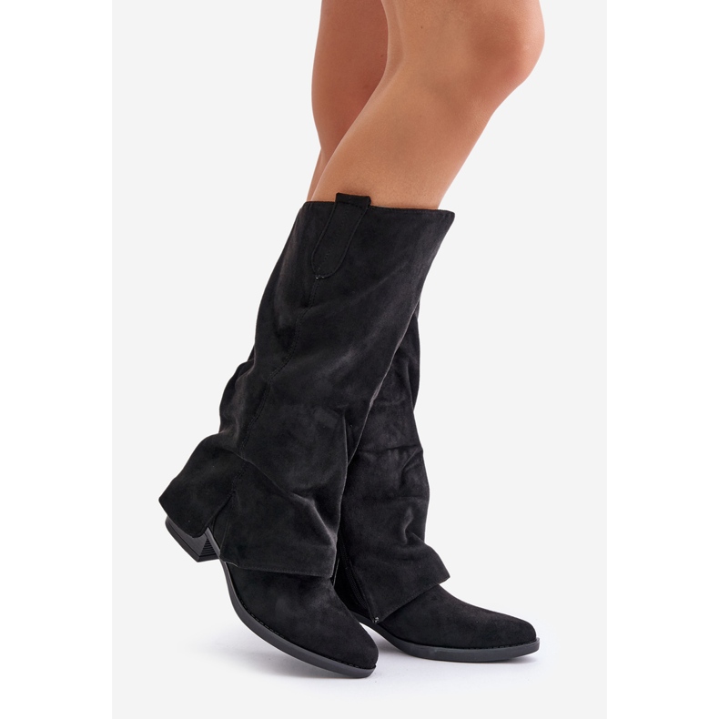 Jezzi Botas de tacón bajo con parte superior vuelta para mujer, negro, Stinova 1