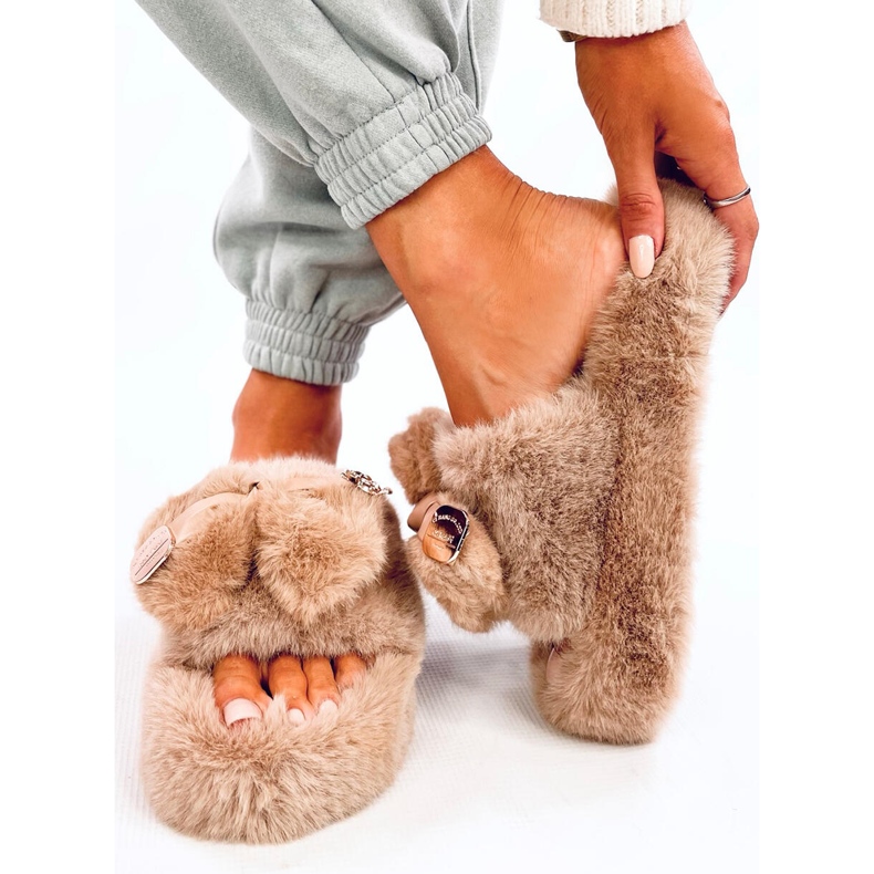 Pantuflas de pelo con lazo y osito Burano Khaki beige 1 Pantuflas de pelo con lazo y osito Burano Khaki beige 1