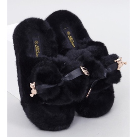 Burano Pantuflas de pelo negro con lazo y osito 3