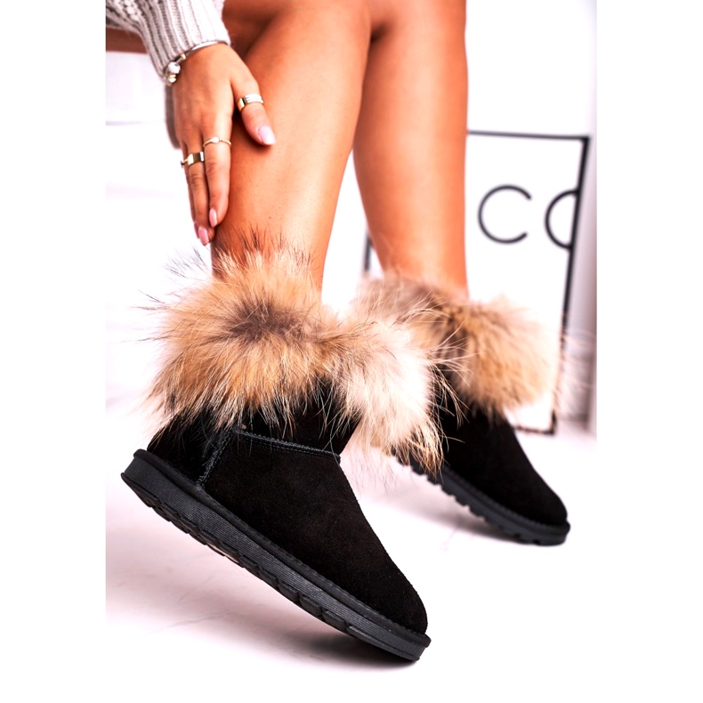 Botas de nieve de cuero Mukluki para mujer con piel de zorro de nieve Negro 1