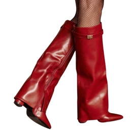 Botas de mujer de piel ecológica con parte superior vuelta y tacón alto, burdeos Avamora rojo 13