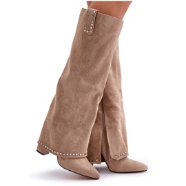 Botas de mujer Kaithena beige con parte superior vuelta y tacón alto 14
