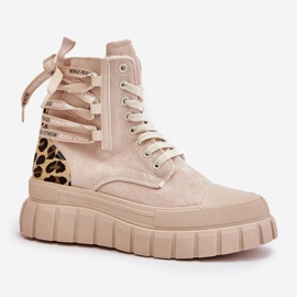 Botas De Mujer Con Plataforma Y Cordones Decorativos, Leopardo Beige Claro Edidda 4