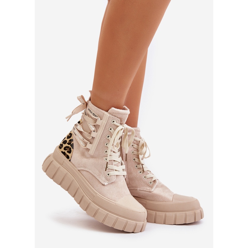 Botas De Mujer Con Plataforma Y Cordones Decorativos, Leopardo Beige Claro Edidda 1