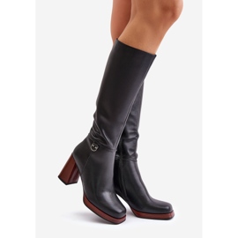 S.Barski Botas Cálidas Elegantes De Cuero Tacón Alto D&amp;A JC42-39 Negro 1