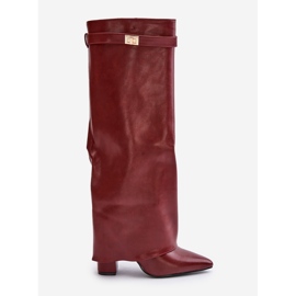 Botas de mujer de piel ecológica con parte superior vuelta y tacón alto, burdeos Avamora rojo 5
