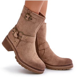 Botas de mujer de tacón bajo con hebillas, beige oscuro Zudra 9