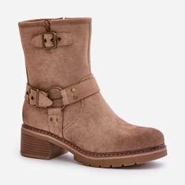 Botas de mujer de tacón bajo con hebillas, beige oscuro Zudra 4
