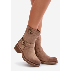 Botas de mujer de tacón bajo con hebillas, beige oscuro Zudra 1 Botas de mujer de tacón bajo con hebillas, beige oscuro Zudra 1