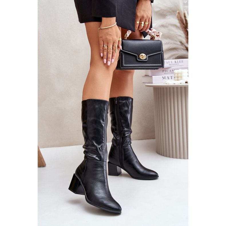 Botas aislantes de tacón alto de cuero ecológico a media pantorrilla Negro Ellithira 2