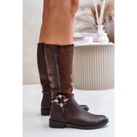 Jezzi Botas De Tacón Plano Con Aislamiento Y Hebilla Decorativa Marrón Leatharia 6