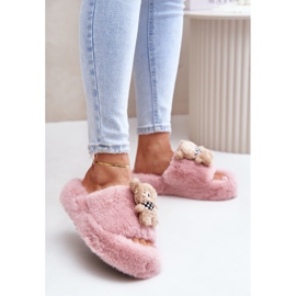 Pantuflas De Mujer De Piel Con Osito De Peluche, Rosa Rumania 2