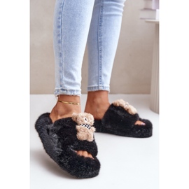 Pantuflas De Mujer De Piel Con Osito De Peluche, Negro Rumania 2
