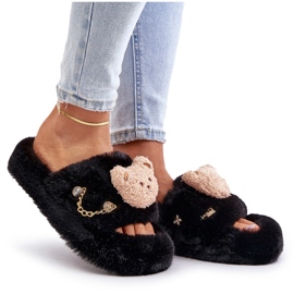 Pantuflas de mujer de pelo con osito y elementos decorativos, negro Innalise 7
