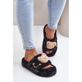 Pantuflas de mujer de pelo con osito y elementos decorativos, negro Innalise 3
