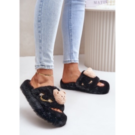 Pantuflas de mujer de pelo con osito y elementos decorativos, negro Innalise 2