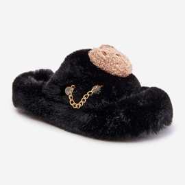 Pantuflas de mujer de pelo con osito y elementos decorativos, negro Innalise 4