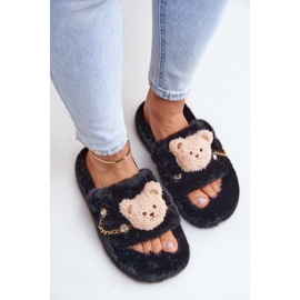 Pantuflas de mujer de pelo con osito y elementos decorativos, negro Innalise 5