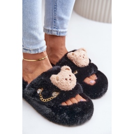 Pantuflas de mujer de pelo con osito y elementos decorativos, negro Innalise 6