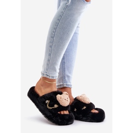 Pantuflas de mujer de pelo con osito y elementos decorativos, negro Innalise 1