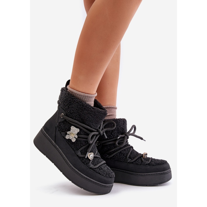 Botas de nieve de mujer Almatiza negras con pasadores y pelo negro 1