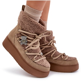 Botas de nieve mujer Almatiza de borrego con pasadores y pelo marrón beige 11